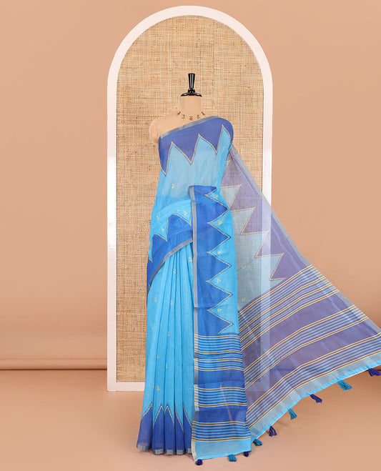 Sky blue small buttas printed Linen cotton saree, contrast double-sided temple border, striped pallu, and vertically striped blouse