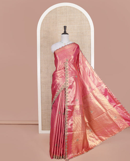 Pink Vastrakala Silk Saree, Enriched with Floral Jacquard and Patch Stone Work, Highlighted by Traditional Zari and Stone Scallop Border, Grand Scallop Design Stone Work Pallu, and Paired with Heavy Embroidered Blouse