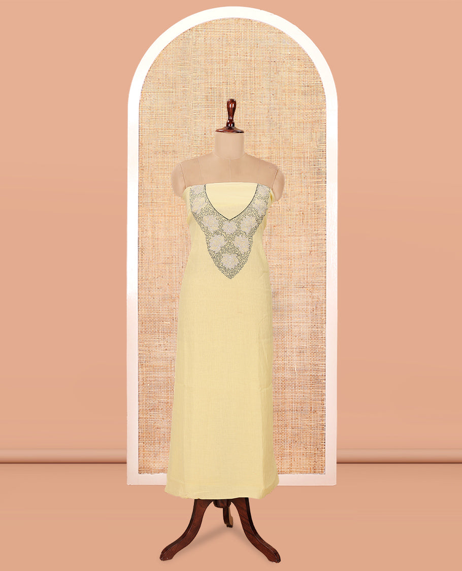 Yellow Mul Chanderi Material Chudiddar, Floral Embroidered Top, Plain Bottom, Embroidered Dupatta
