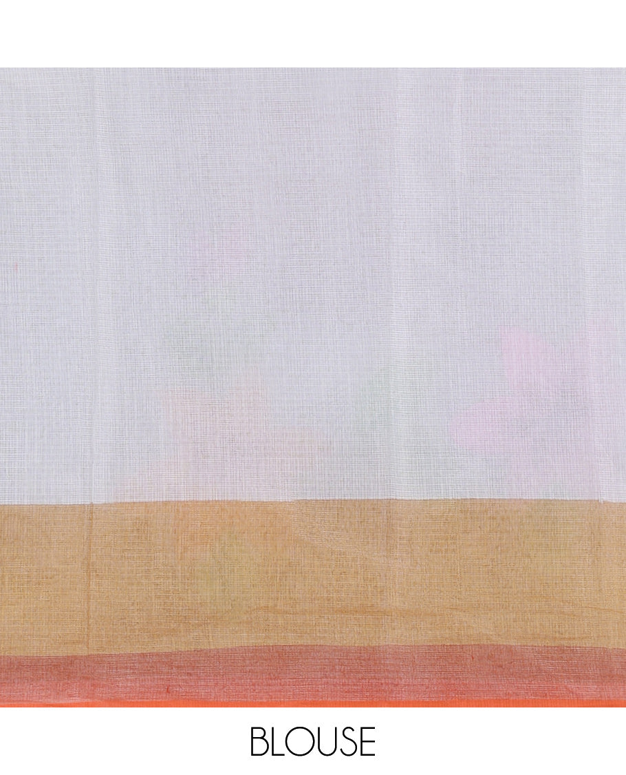 White Kota Doria Saree, Adorned with 6-Petal Floral Print, a Contrast Border, and a Matching Blouse