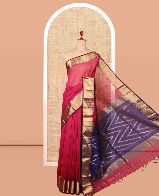 Red Maheshwari Cotton Saree, Subtly Woven with Thread Buttas, Complemented by a Contrast Traditional Zari Border, Chevron Striped Pallu, and a Contrast Blouse