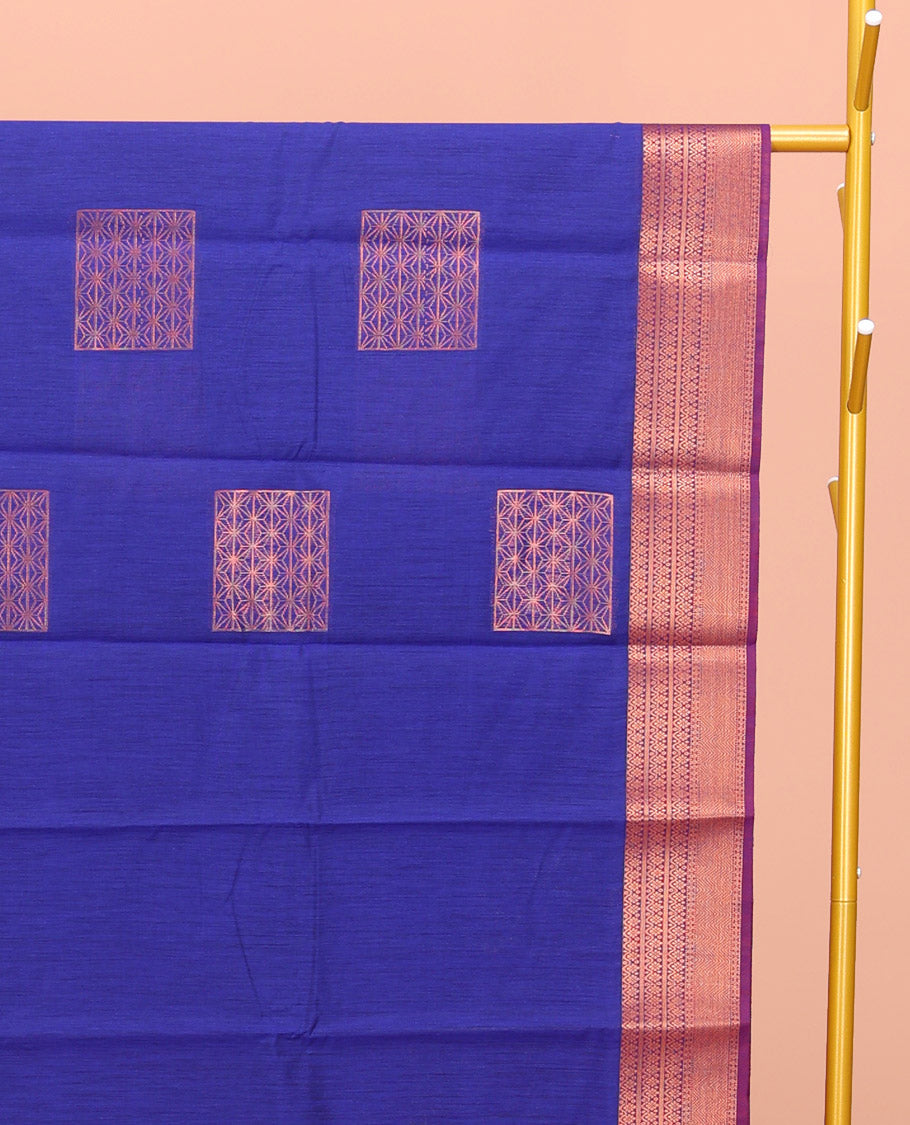 Royal Blue Semi-Silk Cotton Saree, Adorned with Zari Buttas All Over Its Body, Complemented by a Contrast Traditional Zari Design Border, Pallu of Star Design, and Paired with a Contrast Blouse