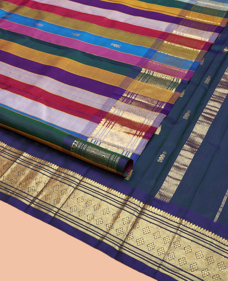 Multi-Color Kanchipuram Silk Saree, Embellished with Stripes and Zari Buttas on Its Body, Highlighted by One-Sided Zari Border of Thilakam Mokku, Banaras, Muthu, and Jaal Designs, Pallu Features Zari Designs, and Comes Without a Blouse