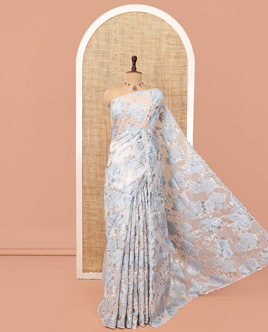 Sky Blue Turkey Organza Saree Features Floral Gold-Glitter work, Scallop Border, a Embroidered Blouse