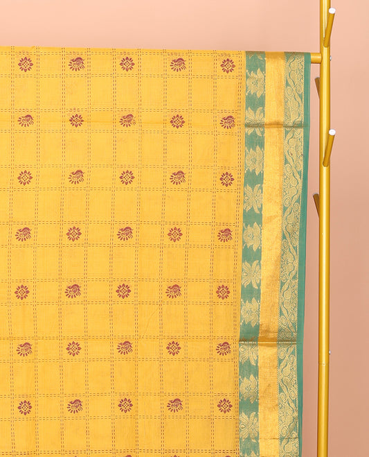 Yellow Venkatagiri Cotton Saree, Adorned with Butta Enclosed Checks, a Traditional Zari Border, a Floral-Print Pallu, and No Blouse