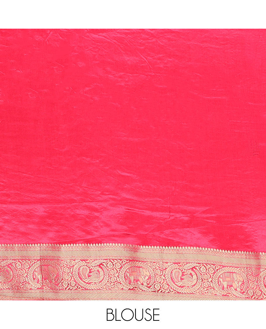 Pink meenakari-style floral & bird enclosed arches printed dola satin silk saree, traditional peacock-elephant zari border & ogee patterned pallu