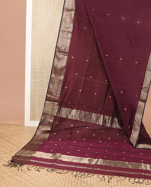 Maroon motifs maheshwari cotton saree with self zari design border & striped, geometric design pallu