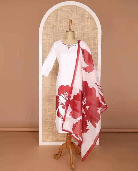 White floral printed round neck , 3/4 th sleeve , below knee lenght kurti with straight pants & floral printed dupatta