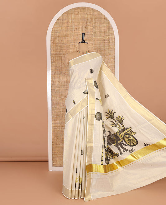 Cream-black Pongal-festive theme block printed Kerala cotton saree, pongal pot printed body, bavanji border, and Pongal theme block print pallu, and a matching blouse