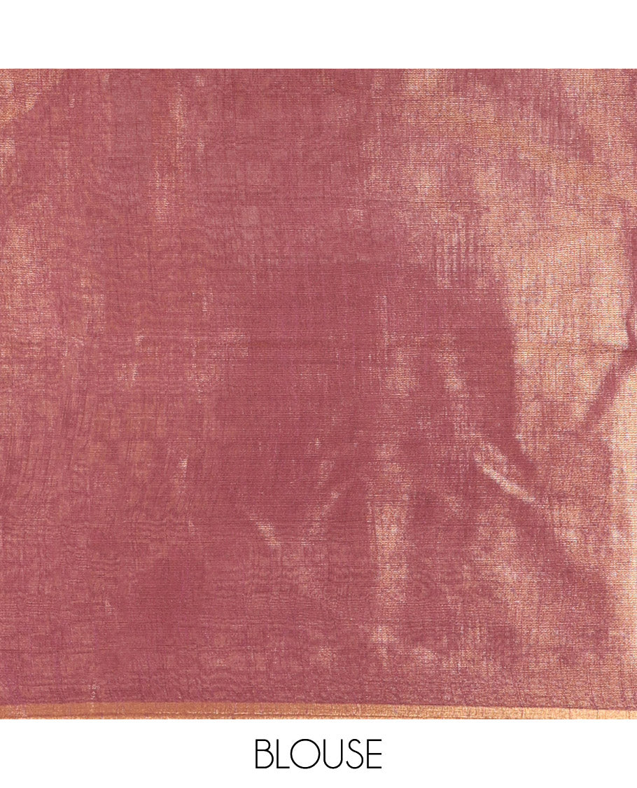Rust Orange Bhagalpur Cotton Saree, Adorned with Buttas, Complemented by a Contrast Border, Pallu, and a Contrast Blouse
