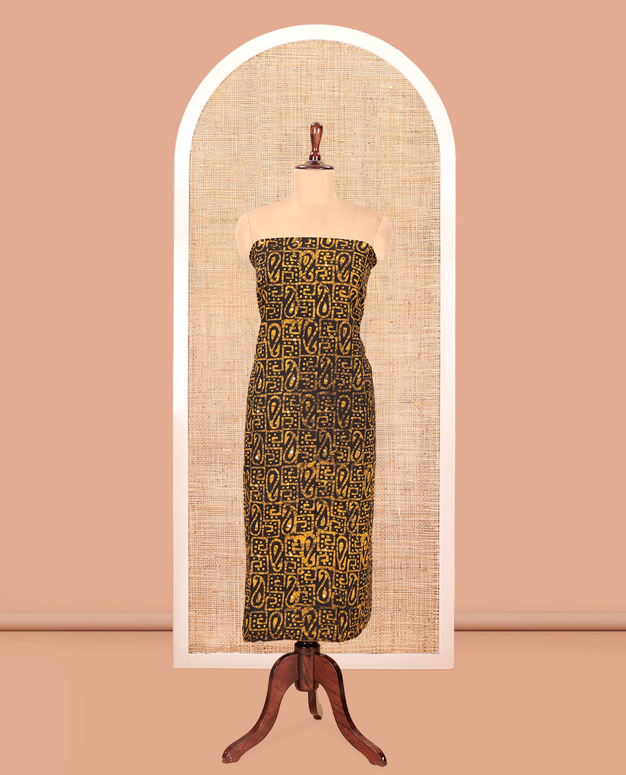 Black-Mustard Cotton Material Churidar Set, Paisley Batik Printed Top, a Matching Bottom, a Batik Printed Dupatta