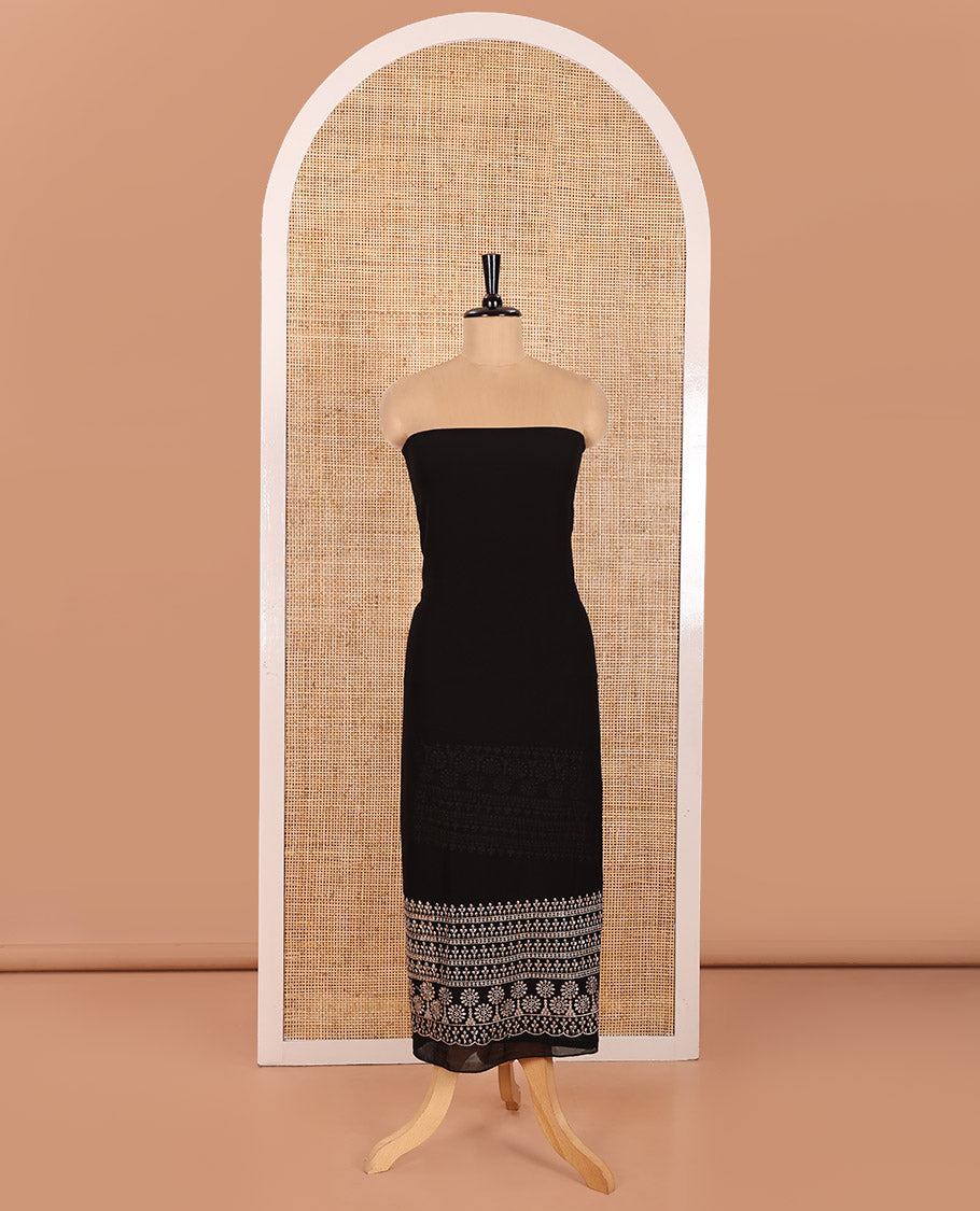 Black Material Chudidar Set, Gleamed Up with Thread and Sequins Embroidered Georgette Top, Subtly Made American Crepe Bottom, and Georgette Heavy Embroidery Dupatta