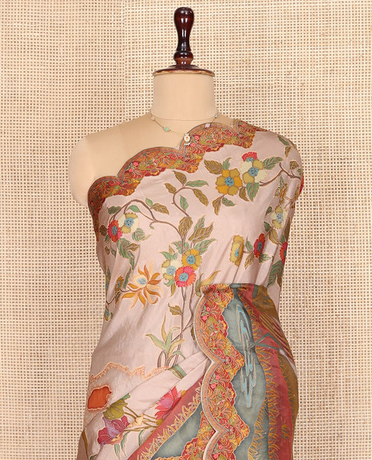 Beige Dola Silk Saree, Beautified with Meenakari-Style Flora-Fauna Motifs Printed on Its Body, Scallop Kaleidoscope-Colored Printed Border, Pallu of the Same Print, and Paired with a Matching Blouse