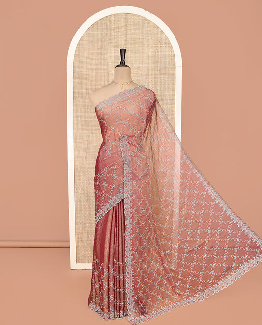 Peach Designer Saree, Gleamed Up with Jaal Stonework, Scallop Stonework Border, Stonework Pallu, and Matching Blouse