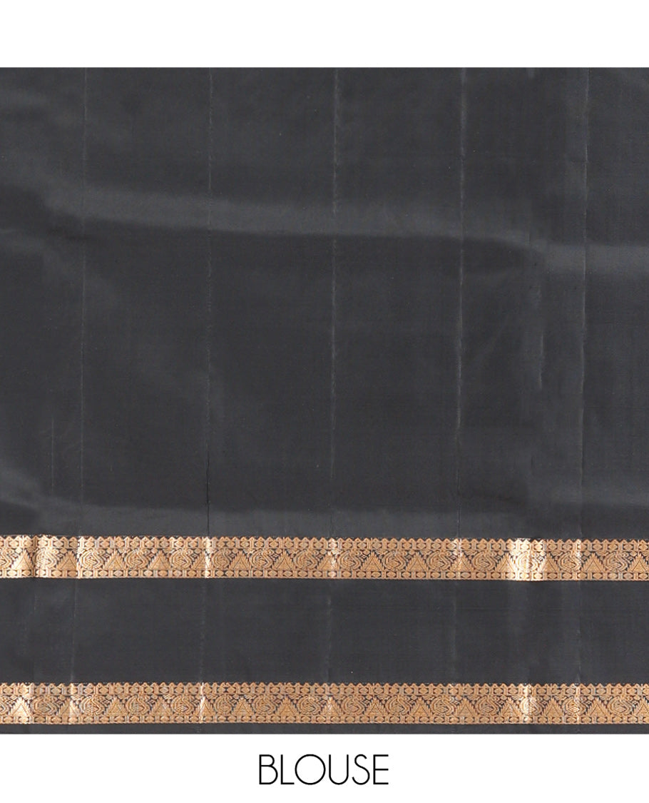 Yellow Mayuri Soft Silk Saree, Subtly Sparkled with Zari Buttas All Over Its Body, Complemented by a Contrast Border of Rekku, Paisa, Manga, and Thazampoo Rekku Designs, Intricately Designed Pallu, and Paired with a Contrast Blouse