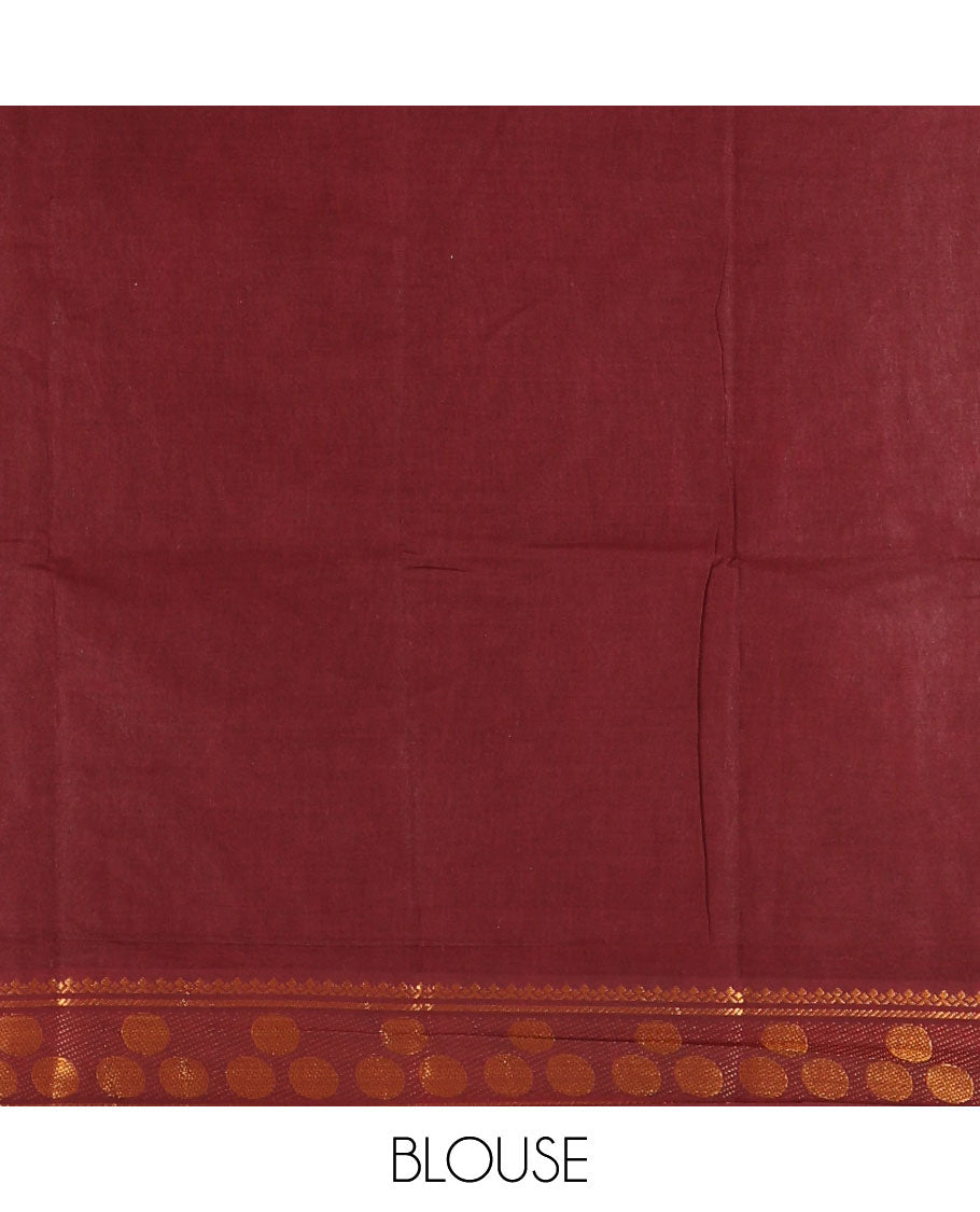 Rust orange plain sungudi cotton saree, contrast big rudraksham motifs woven border, striped pallu, and a contrast plain blouse