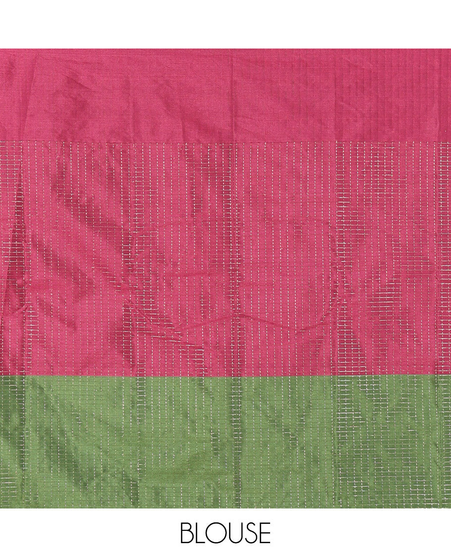 Borderless Magenta, Green, and Magenta Trio-Colored Kanchi Soft Silk Saree Elevated with Micro-Checks on Its Body, Self-Pallu of Stripes, and Paired with a Matching Blouse