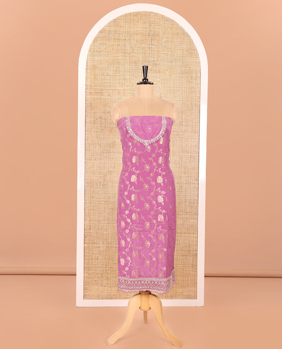 Dark Lavender Chudidar Set Artfully Detailed with Floral Jaal Jacquard Design and Embroidered Viscose Chinon Unstitched Top, Readymade Free Size Chinon Sharara Pants, and a Chinon Embroidered Scallop-Bordered Dupatta