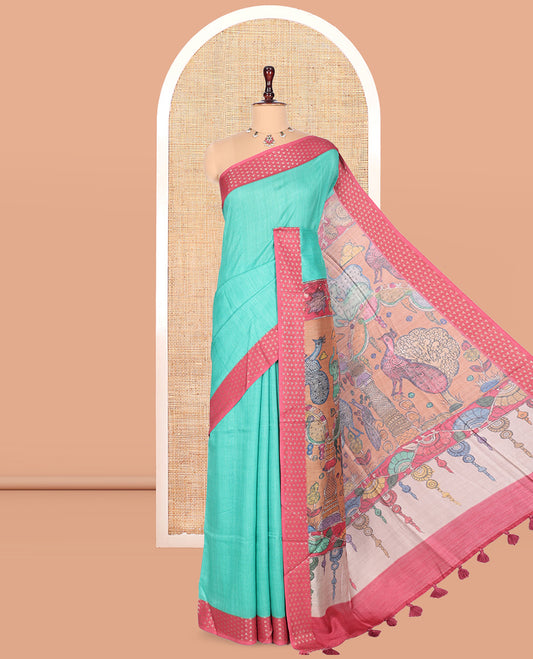 Blue Plain Fancy Tussar Saree, Complemented by a Contrast Triangle Motif Border, Kalamkari Flora-Fauna Printed Pallu, and a Contrast Blouse