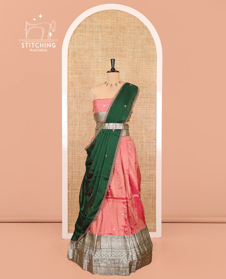 Onion Pink-Green Banarasi Silk Half-Saree Featuring Buttas Skirt, Contrast Traditional Border, Matching Blouse, Syska Georgette Embroidery Dhavani