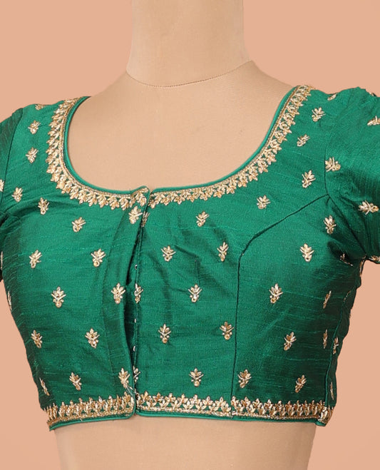 Green intricately thread embroidered front-back round neck elbow sleeve blouse