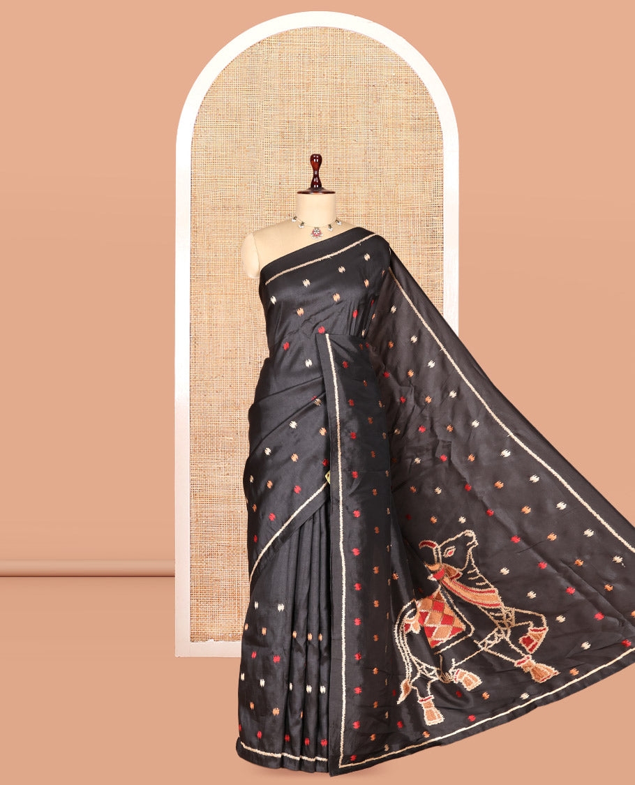 Black Matka Silk Saree Features Thread Buttas, a Self-Border, Pichwai Cow Pallu, Matching Blouse