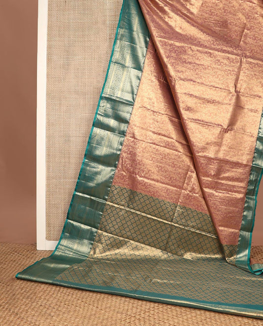 Pinkish peach zari vine jacquard budget silk saree, contrast traditional zari design border, and pallu of zari jaal design weave