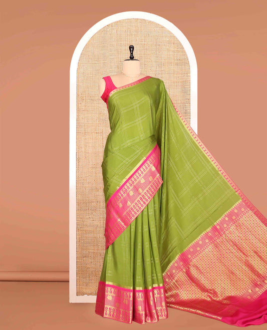 Green Mysore Silk Saree, Gracefully Embellished with Zari Checks, a Contrast Iruthalai Pakshi-Peacock Zari Border, Grand Pallu, and a Contrast Blouse