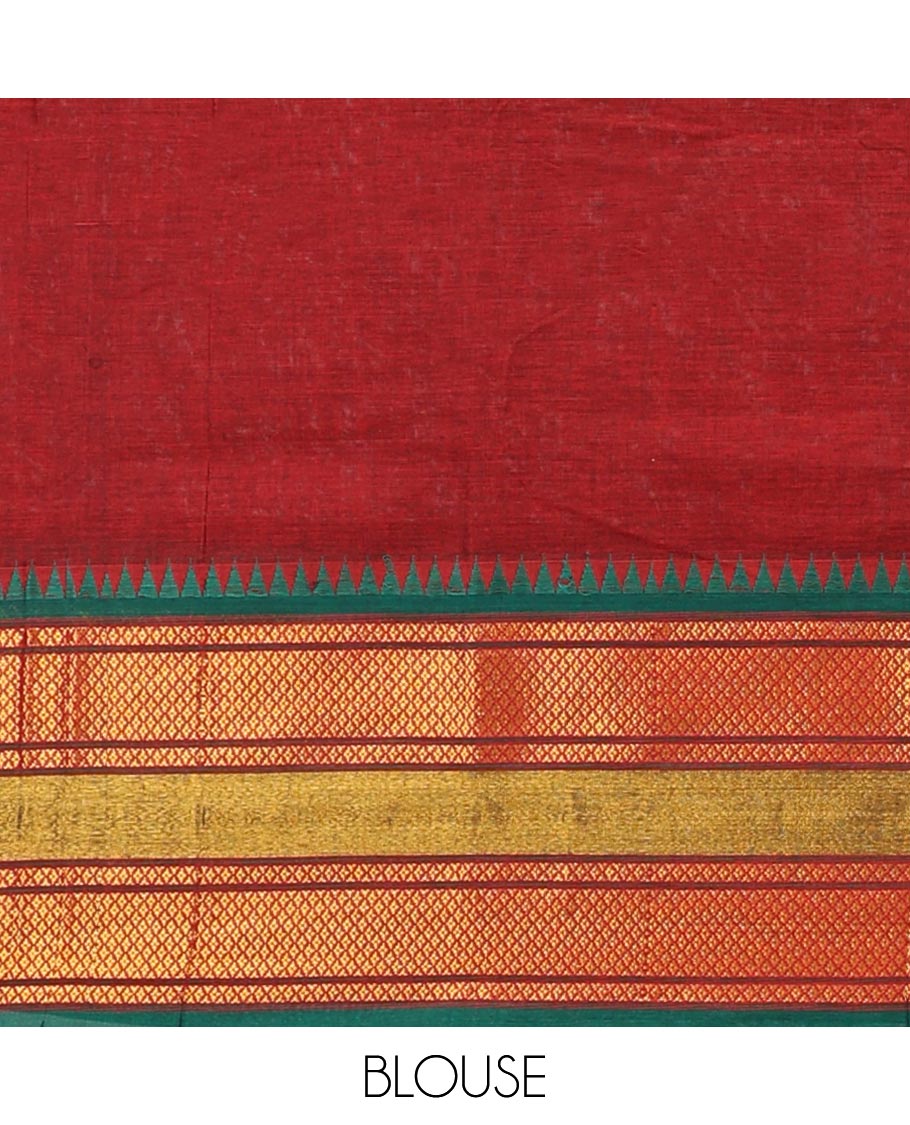 Red Chettinad cotton saree with contrast checked designb order & striped pallu
