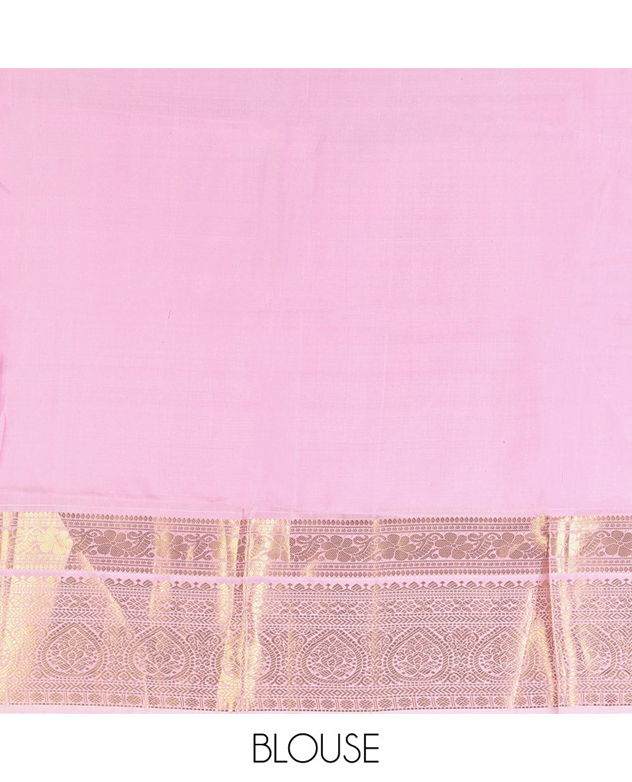 Mustard Yellow-Beach Pink Vasundhara Silk Saree, Richly Detailed with Zari Buttas, Complemented by Contrast Border of Kamalam, Muthu, Cross Kamalam, Rudraksham, and Thilakam Design, Pallu Steeped with Thilakam Designs, and Paired with a Contrast Blouse