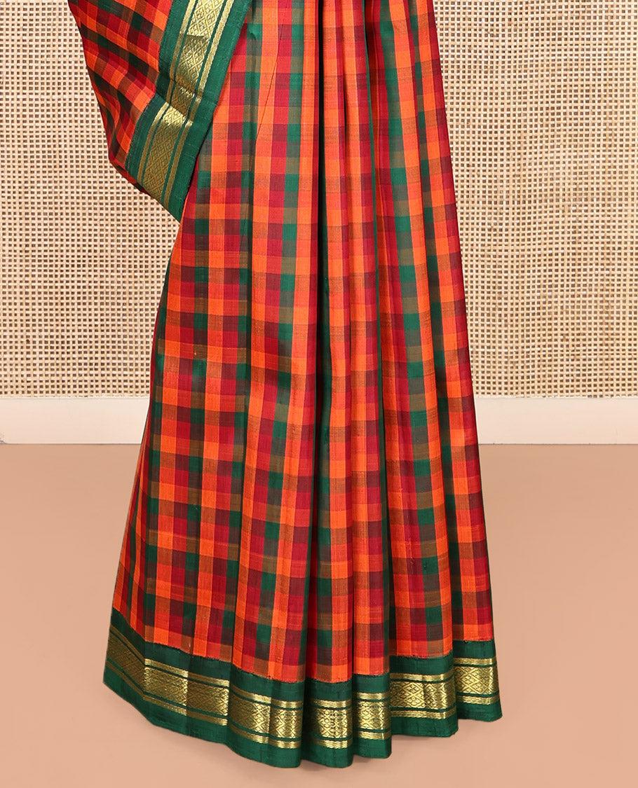 Multi-Color Kanchipuram Silk Saree, Enthralled with Palum Pazhamum Checks, Complemented by a Contrast One-Sided Korvai Border of Banaras and Jaal Designs, Grand Pallu, and No Blouse