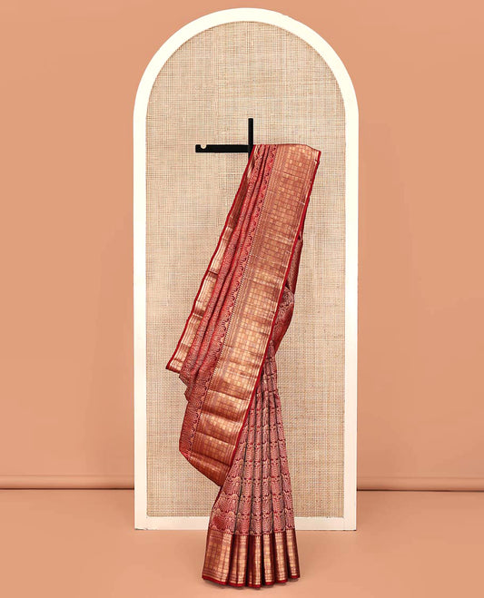 Red Kanchipuram Wedding Silk Saree, Regally Decorated with Jacquard Design Weave, Highlighted by Zari Border of Manga Mokku, Banaras, Neli, Ara Bogudi, Mayil Kann, and Paiyadi Kattam Designs, Grand Pallu, and Paired with a Matching Blouse