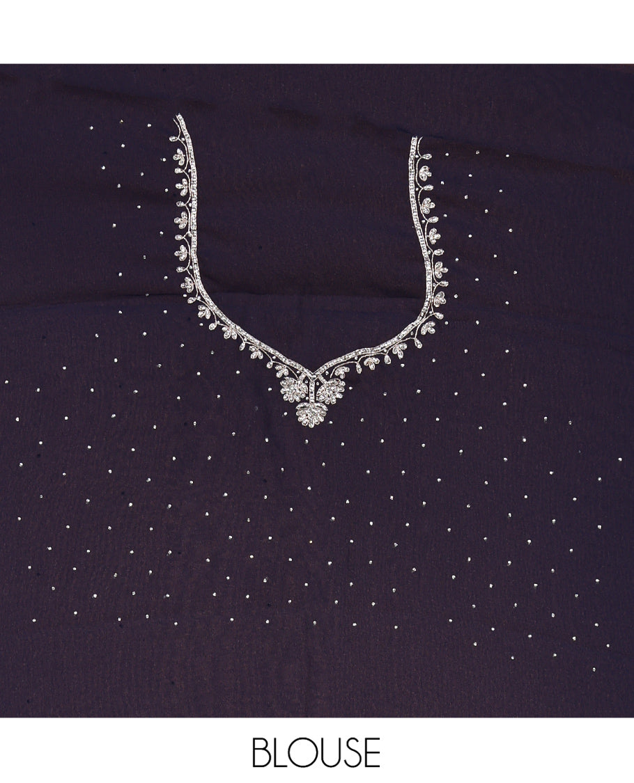 Navy Blue Designer Saree, Adorned with Stone Work, Scallop Stone-Embroidered Border, and Embroidered Matching Blouse
