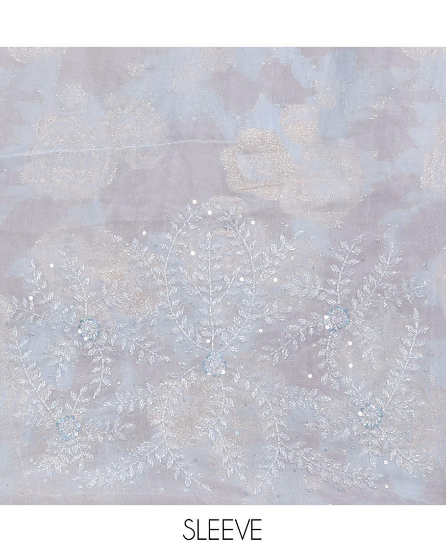 Sky Blue Turkey Organza Saree Features Floral Gold-Glitter work, Scallop Border, a Embroidered Blouse