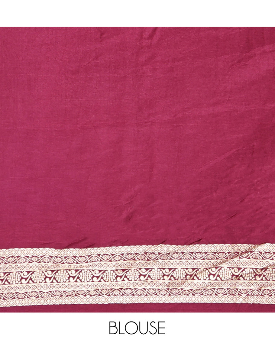 Wine Bird Buttas Russian Dola Silk Saree, Contrast Patchwork Border, Matching Blouse