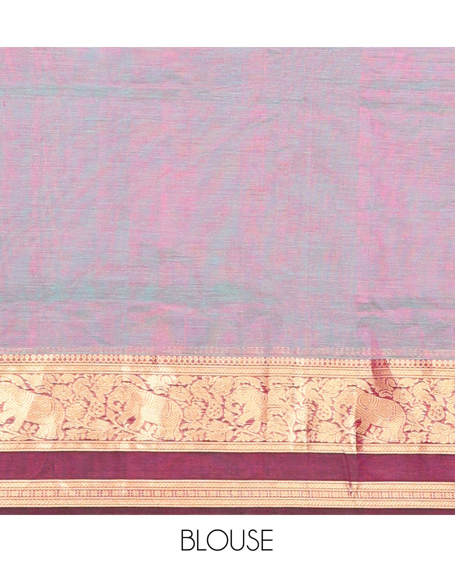 Purple Checked Kuppadam Silk Saree, Contrast Double-Pet Elephant Border, Grand Pallu, Matching Blouse
