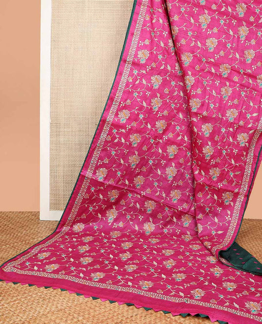 Pink all-over floral vine thread embroidery tussar silk saree with self floral design border