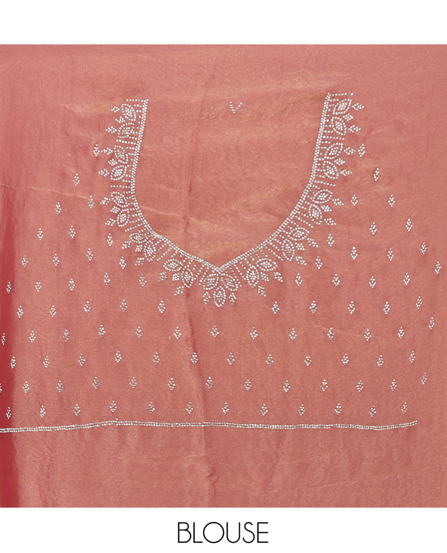 Peach Designer Saree, Gleamed Up with Jaal Stonework, Scallop Stonework Border, Stonework Pallu, and Matching Blouse