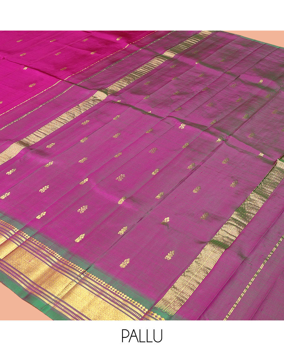 Pink Kanchipuram Silk Saree, Woven with Zari Buttas, a Contrast One-Sided Border of Panner Sombu, Banaras, Muthu, and Mayil Kann Designs, Zari Design Pallu, and No Blouse
