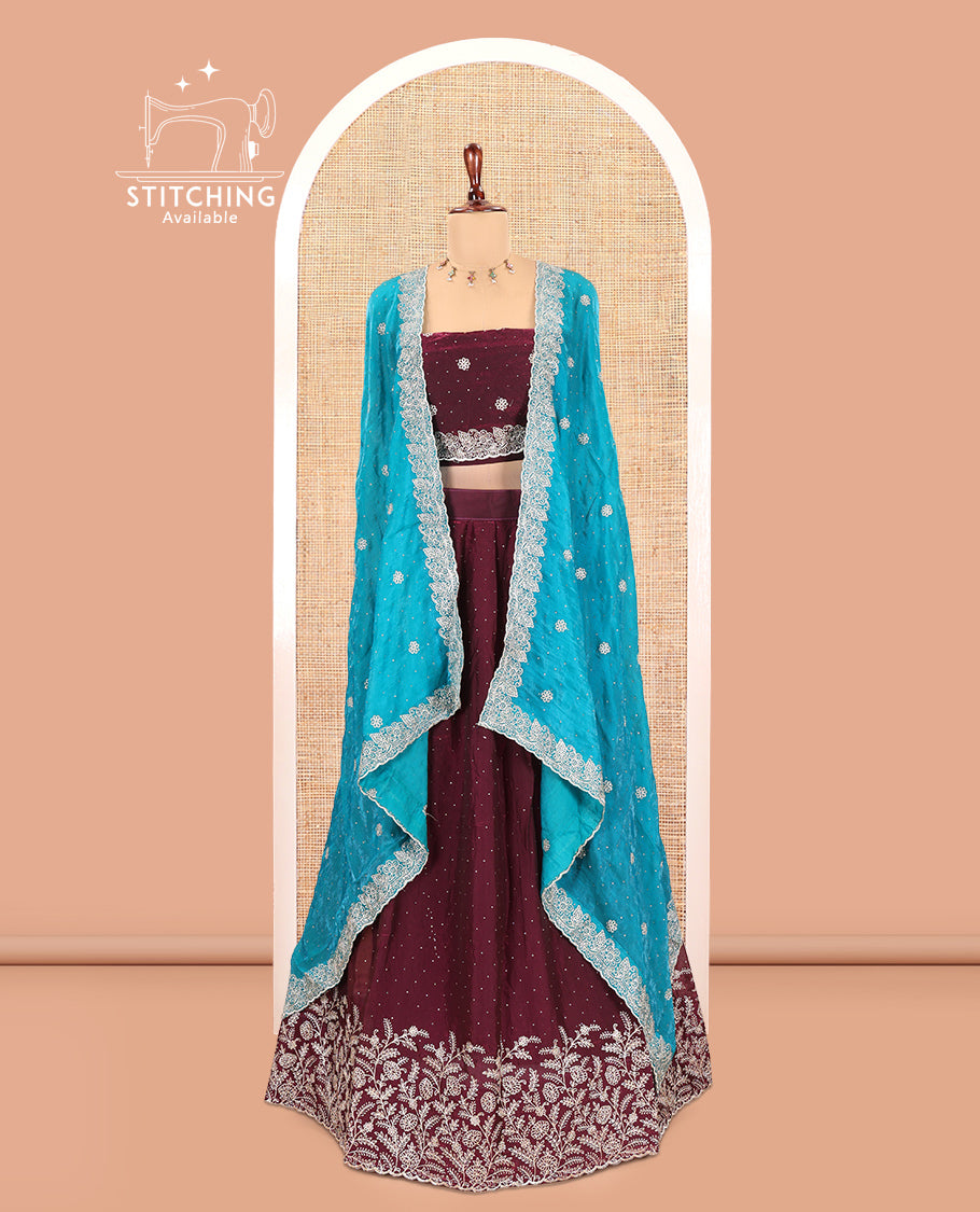 Maroon Velvet Organza Half-Saree
