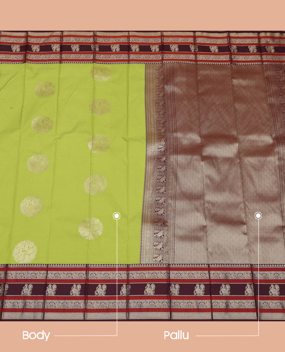 Green Budget Silk Saree, Adorned with Round Zari Buttas All Over Its Body, Complemented by Captivating Contrast Border of Traditional Zari Designs, Grand Jaal Pallu, and Paired with a Contrast Blouse