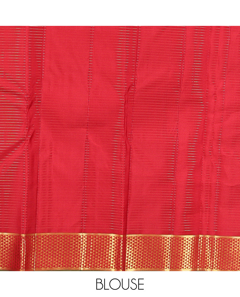 Red Checked Kanchipuram Silk Saree, Highlighted by a Zari Border of Ara Maadam Design, Pallu of Ara Maadam Design, and a Matching Blouse