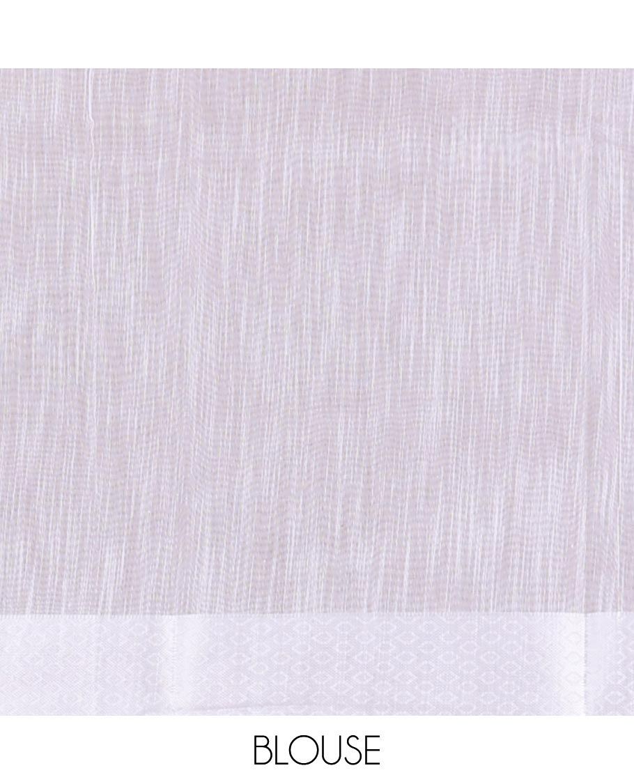 white all over leaf printed mixed cotton saree with printed pallu & plain blouse