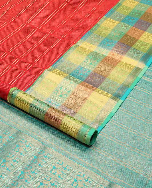 Red striped vasundhara silk mix saree with contrast intricate zari design border & floral striped design pallu