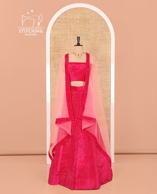 Pink Velvet Half-Saree, Adorned with Swarovski Stonework Skirt, Matching Stonework Blouse, Contrast Net Dhavani