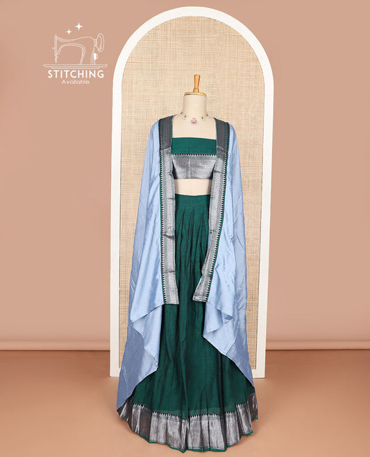 Dark green cotton half saree with contrast zari design border, zari design blouse & plain, zari design border dhavani