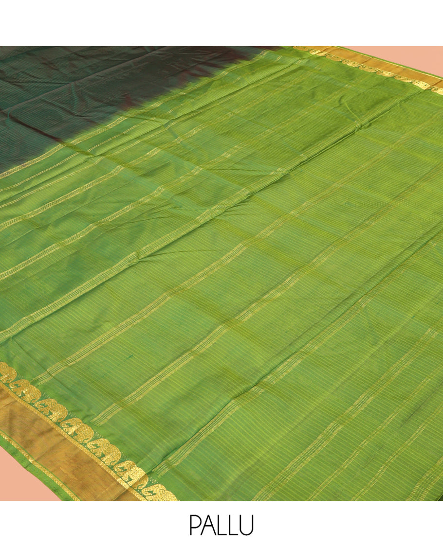 Green Striped Nine-Yard Silk Saree, Complemented by a Contrast Rettai Pettu Border of Yaanai and Kathir Design, Striped Pallu, and No Blouse