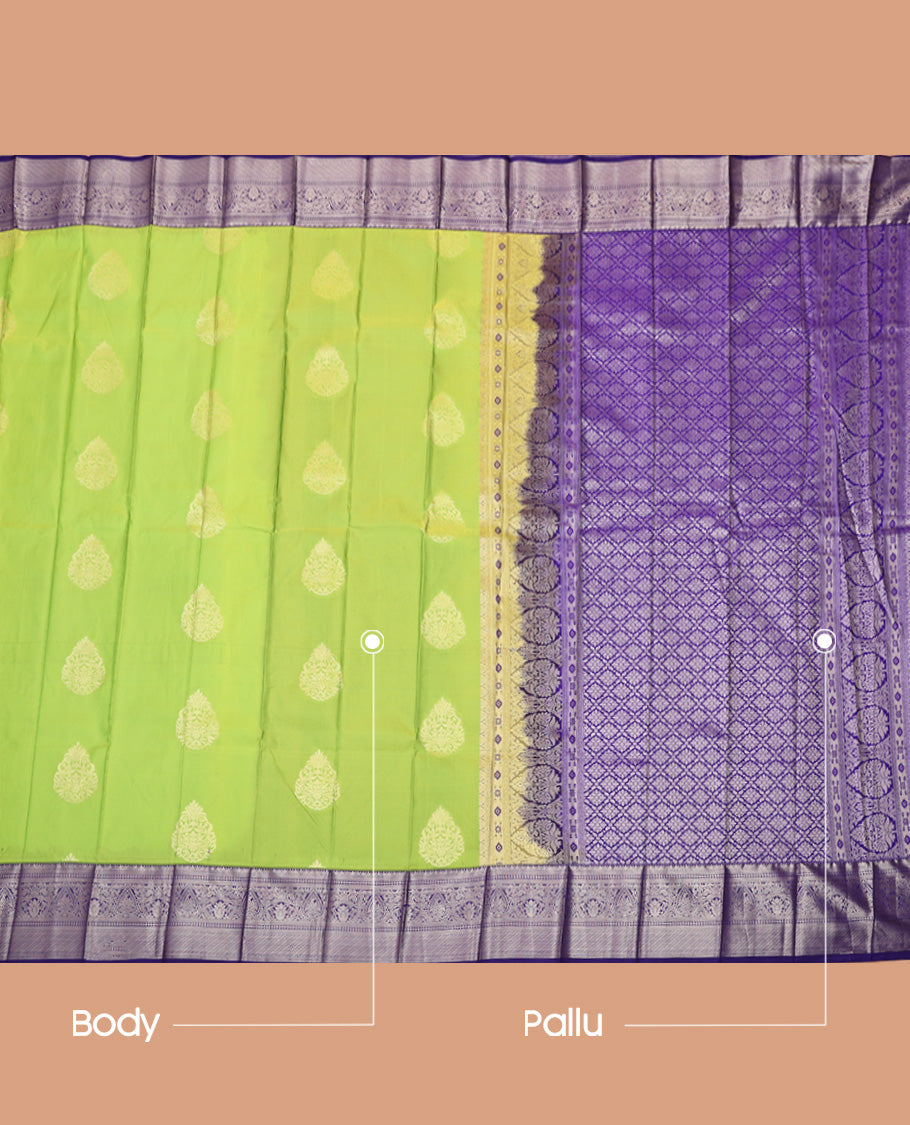 Parrot Green Budget Silk Saree, Adorned with Zari Buttas All Over Its Body, Complemented by a Contrast Traditional Zari Design Border, Grand Jaal Pallu, and Paired with a Contrast Blouse