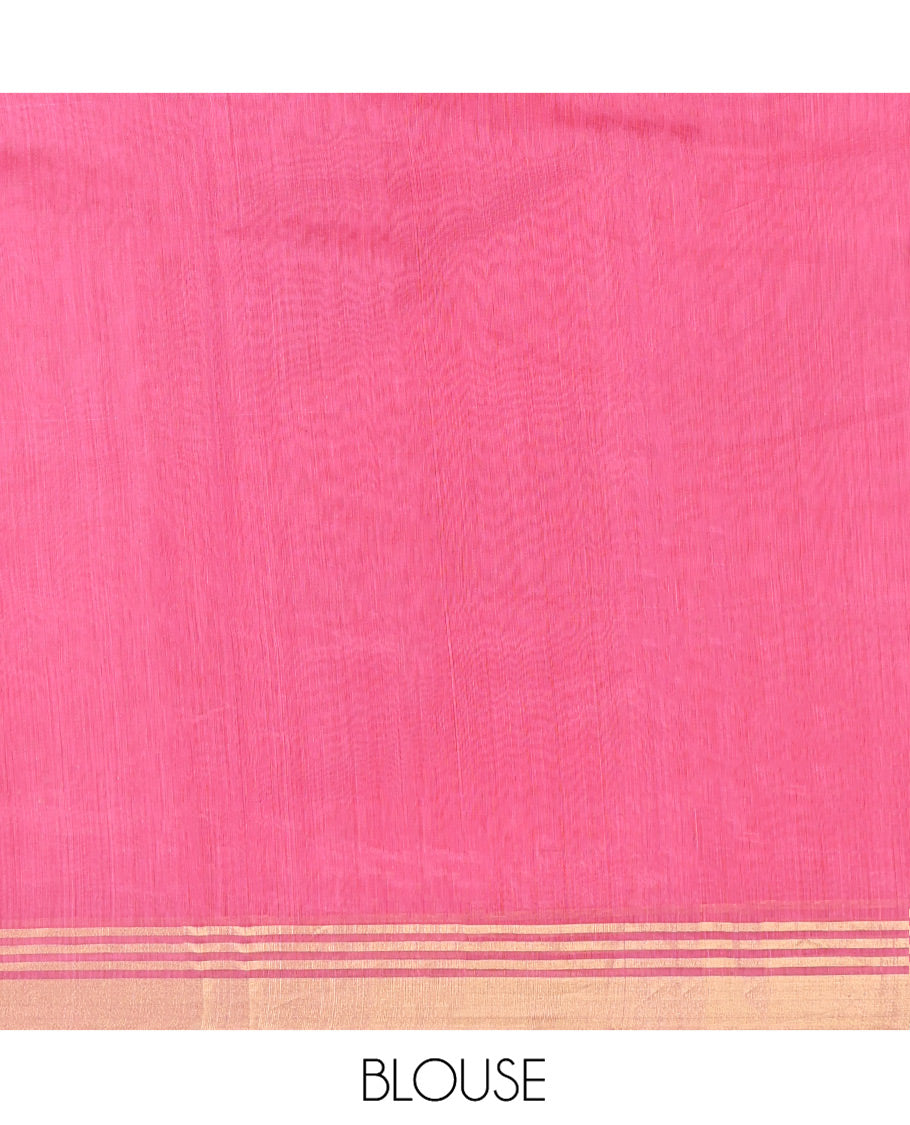 Pink Chanderi Cotton Saree, Adorned with Zari Buttas All Over Its Body, Highlighted by a Zari Border, Gleaming Zari Striped Pallu, and Paired with a Matching Blouse