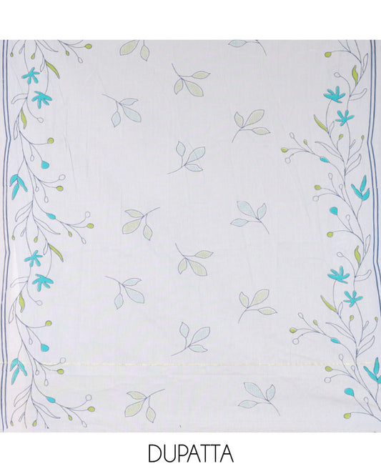 Blue Handloom Cotton Material Chudidar Set, Adorned with Floral Design Print On Its Top, Complemented by Contrast Bottom, and Paired with a Contrast Floral Printed Dupatta